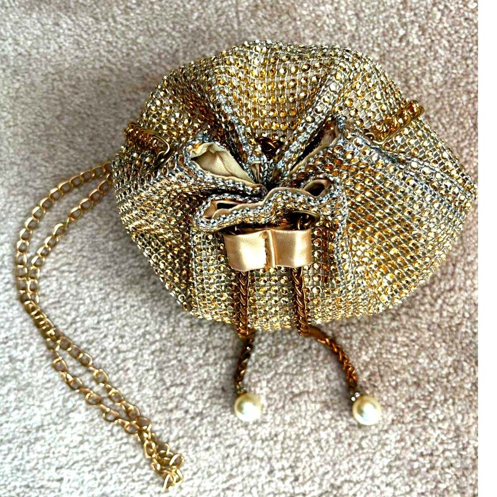 Gold Rhinestone Mesh Bucket Evening Bag With Chain Strap and Faux Pearl Accents